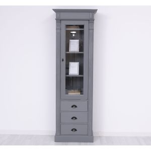 Dulap cu 1 usa sticla, 3 sertare, Gri Bej Închis, Lemn masiv, vopsit, 65x39x200cm