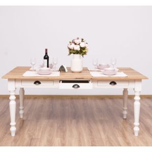 Masa sufragerie 180x90cm, Finisaj Bej Auriu Cald, Lemn Masiv Brad, Colectia Rustic