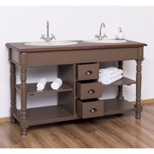 Mobilier baie 3 sertare picioare strunjite, Finisaj Maro Ciocolata, Lemn Masiv Brad, Colectia Rustic