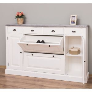 Comoda hol 2 usi 6 sertare, Finisaj Alb Vintage, Lemn Masiv Brad, Colectia Rustic