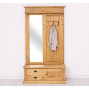 Cuier hol cu oglinda, 2 sertare, 1 dulap, Finisaj Nuc Mediu, Lemn Masiv Brad, Colectia Rustic