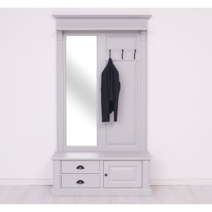 Cuier hol cu oglinda, 2 sertare, 1 dulap, Finisaj Gri Deschis Perlat, Lemn Masiv Brad, Colectia Rustic