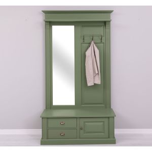 Cuier hol cu oglinda, 2 sertare, 1 dulap, Finisaj Verde Salvie, Lemn Masiv Brad, Colectia Rustic