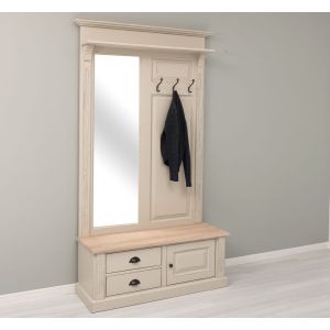 Cuier hol cu oglinda, 2 sertare, 1 dulap, Finisaj Bej Cald, Lemn Masiv Brad, Colectia Rustic