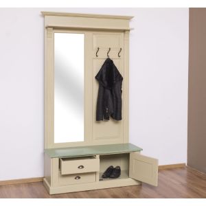 Cuier hol cu oglinda, 2 sertare, 1 dulap, Finisaj Verde Masliniu, Lemn Masiv Brad, Colectia Rustic
