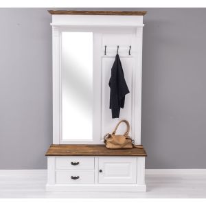 Cuier hol cu oglinda, 2 sertare, 1 dulap, Finisaj Alb Pur, Lemn Masiv Brad, Colectia Rustic