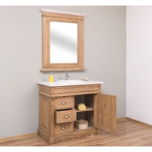 Set mobilier baie - Dulap baie ornamental 3 sertare 1 usa, Oglinda cu rama mica, Finisaj Stejar Maro inchis, Lemn Masiv