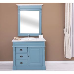 Set mobilier baie - Dulap baie ornamental 3 sertare 1 usa, Finisaj Albastru Gri Vintage, Lemn Masiv