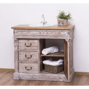 Dulap baie ornamental 3 sertare 1 usa, Finisaj Stejar Miere, Lemn Masiv Brad, Colectia Rustic