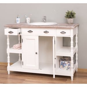 Dulap baie chiuveta ovala 2 usi 2 sertare, Finisaj Alb Vintage, Lemn Masiv Brad, Colectia Rustic