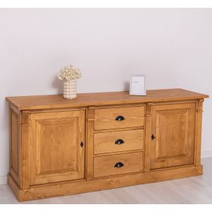 Bufet Bucatarie cu 2 usi, 3 sertare, Nuc Mediu, Lemn masiv, 2 Straturi de culori Antichizat, 179x51x78cm