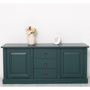 Bufet Bucatarie cu 2 usi, 3 sertare, Verde Petrol Închis, Lemn masiv, 2 Straturi de culori Antichizat, 179x51x78cm