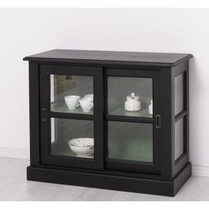 Dulap 2 usi glisante sticla, Finisaj Negru Mat, Lemn Masiv Brad, Colectia Rustic