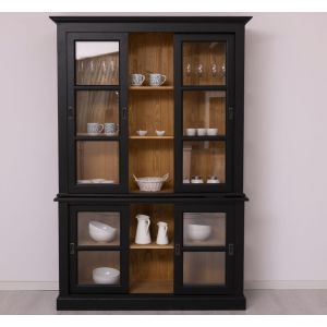 Dulap 3 usi glisante sticla, Finisaj Nuc Mediu, Lemn Masiv Brad, Colectia Rustic