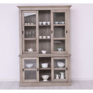 Dulap 3 usi glisante sticla, Finisaj Gri Fumuriu, Lemn Masiv Brad, Colectia Rustic