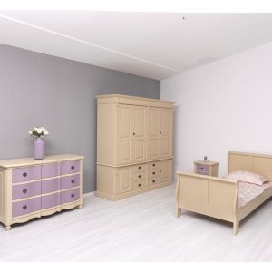 Set mobilier dormitor, Finisaj Bej Gri Cald, Lemn Masiv Brad, Colectia Rustic