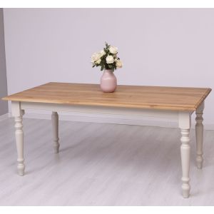 Masa sufragerie simpla picioare strunjite 180x90cm, Finisaj Bej Cald, Lemn Masiv Brad, Colectia Rustic