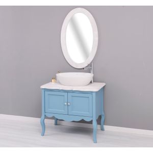 Set mobilier baie - Mobilier baie 2 usi picioare curbate, Rama oglinda ovala, Finisaj Albastru Praf, Lemn Masiv