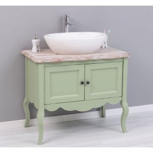 Mobilier baie 2 usi picioare curbate, Finisaj Verde Masliniu, Lemn Masiv Brad, Colectia Rustic