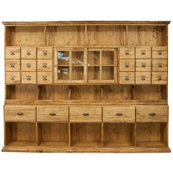 Vitrina farmacie cu Rafturi, Polite si Sertare, Finisaj Natur, Lemn Masiv de Tei,  284X40X220CM
