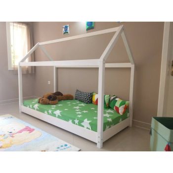 Pat Casuta Montessori Copii, Lemn Masiv, 90x200 Alb mat