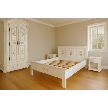 Set dormitor Alb Lemn Pictat Manual, Pat 140x200 , Dulap 2 usi si Comoda , Brad Natur