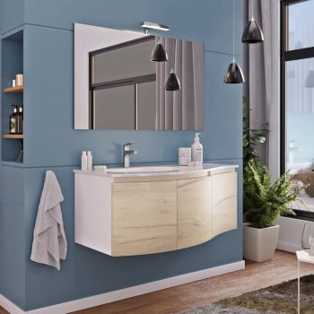 Set mobilier baie suspendat Onda cu 3 usi, lavoar compozit cm. 105 si oglinda cm 100x60 cu lampa LED Stejar Auriu lucios