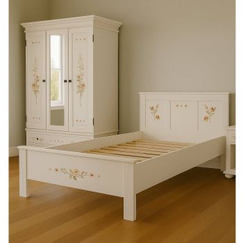 Set dormitor Alb Lemn Pictat Manual, Pat 160x200 , Dulap 3 usi si Comoda , Brad Natur