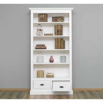 Biblioteca cu 2 sertare, Alb Vintage, Lemn masiv, Finisaj ceara, 109x39x210cm