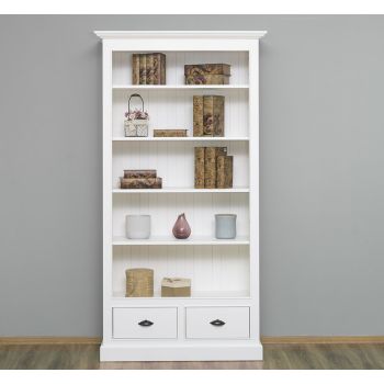 Biblioteca cu 2 sertare, Alb Vintage, Lemn masiv, Finisaj ceara, 109x39x210cm