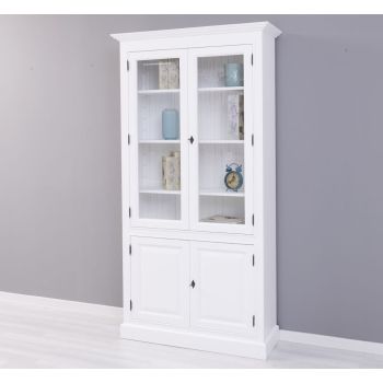 Vitrina cu 2 usi + 2 usi sticla, Alb Pur, Finisaj ceara, 109x39x210cm