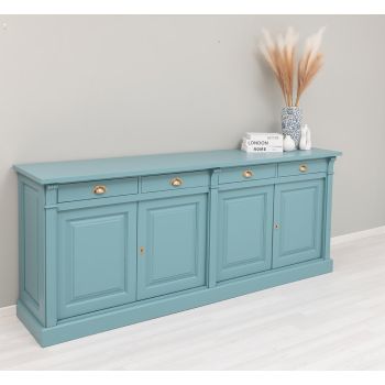 Bufet Bucatarie cu 4 usi, Albastru Gri Vintage, Lemn masiv, Periat adanc, 219x51x90cm