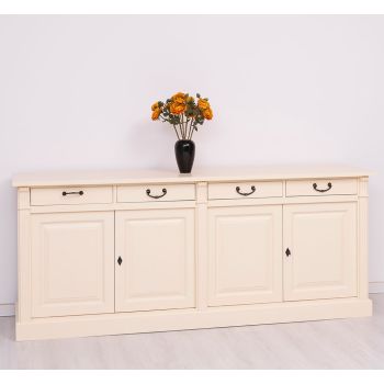 Bufet Bucatarie cu 4 usi, Crem Vanilie, Lemn masiv, Periat adanc, 219x51x90cm