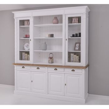 Bufet Bucatarie cu 4 usi, Alb Pur, Lemn masiv, Periat adanc, 219x51x90cm