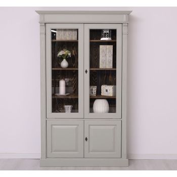 Vitrina cu 2 usi + 2 usi, Gri Mediu Cald, Lemn Masiv, Blat Vopsit, Corp Vopsit, 119x39x197cm