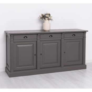 Bufet Bucatarie cu 3 usi, 3 sertare, Negru Grafit, Lemn masiv, 2 Straturi de culori Antichizat, 179x51x90cm