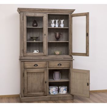 Set mobilier living - Comoda 2 usi 2 sertare, Vitrina 2 usi, Finisaj Gri Fumuriu, Lemn Masiv