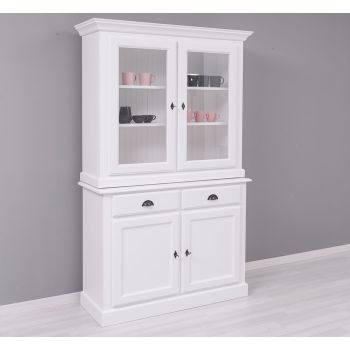 Comoda 2 usi 2 sertare + vitrina, Finisaj Alb Pur, Lemn Masiv Brad, Colectia Rustic