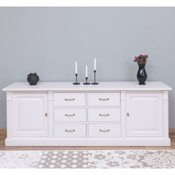 Bufet Bucatarie cu 2 usi, 6 sertare, Gri Argintiu, Lemn masiv, Alb 219x51x78cm