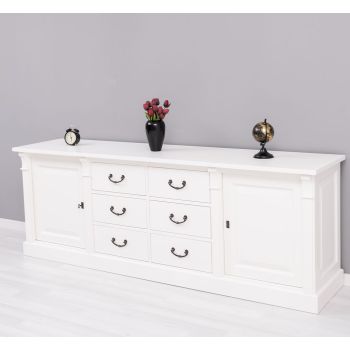 Bufet Bucatarie cu 2 usi, 6 sertare, Alb Vintage, Lemn masiv, Alb 219x51x78cm