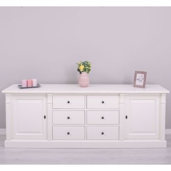 Bufet Bucatarie cu 2 usi, 6 sertare, Alb Vintage, Lemn masiv, Alb 219x51x78cm