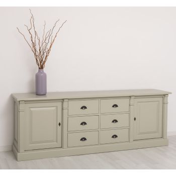 Bufet Bucatarie cu 2 usi, 6 sertare, Gri Argintiu, Lemn masiv, Alb 219x51x78cm