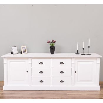 Bufet Bucatarie cu 2 usi, 6 sertare, Alb Pur, Lemn masiv, Alb 219x51x78cm