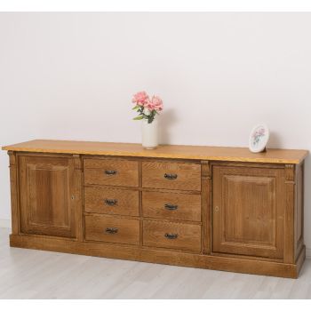 Bufet Bucatarie cu 2 usi, 6 sertare, Stejar Miere Auriu, Lemn masiv, Alb 219x51x78cm