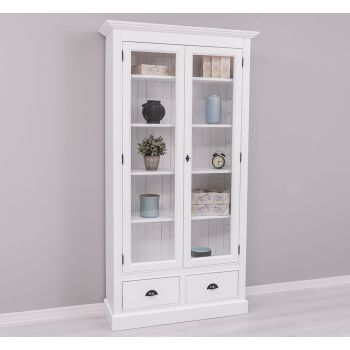 Vitrina cu 2 usi mari, 2 sertare, Alb Pur, Antichizat, 109x39x210cm