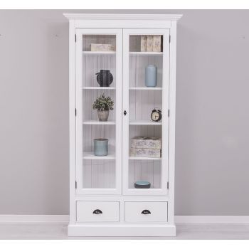 Vitrina cu 2 usi mari, 2 sertare, Alb Pur, Antichizat, 109x39x210cm
