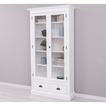 Vitrina cu 2 usi mari, 2 sertare, Alb Pur, Antichizat, 109x39x210cm