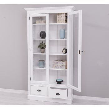 Vitrina cu 2 usi mari, 2 sertare, Alb Pur, Antichizat, 109x39x210cm