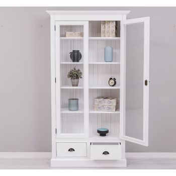 Vitrina cu 2 usi mari, 2 sertare, Alb Pur, Antichizat, 109x39x210cm