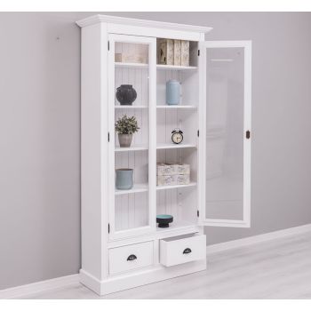 Vitrina cu 2 usi mari, 2 sertare, Alb Pur, Antichizat, 109x39x210cm